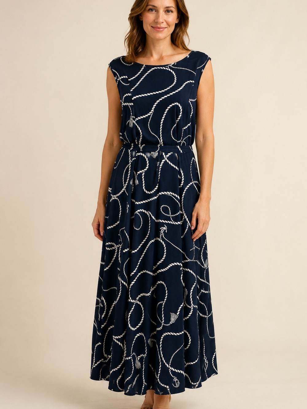 Nina Leonard Nautical Rope Belted Maxi Dress L